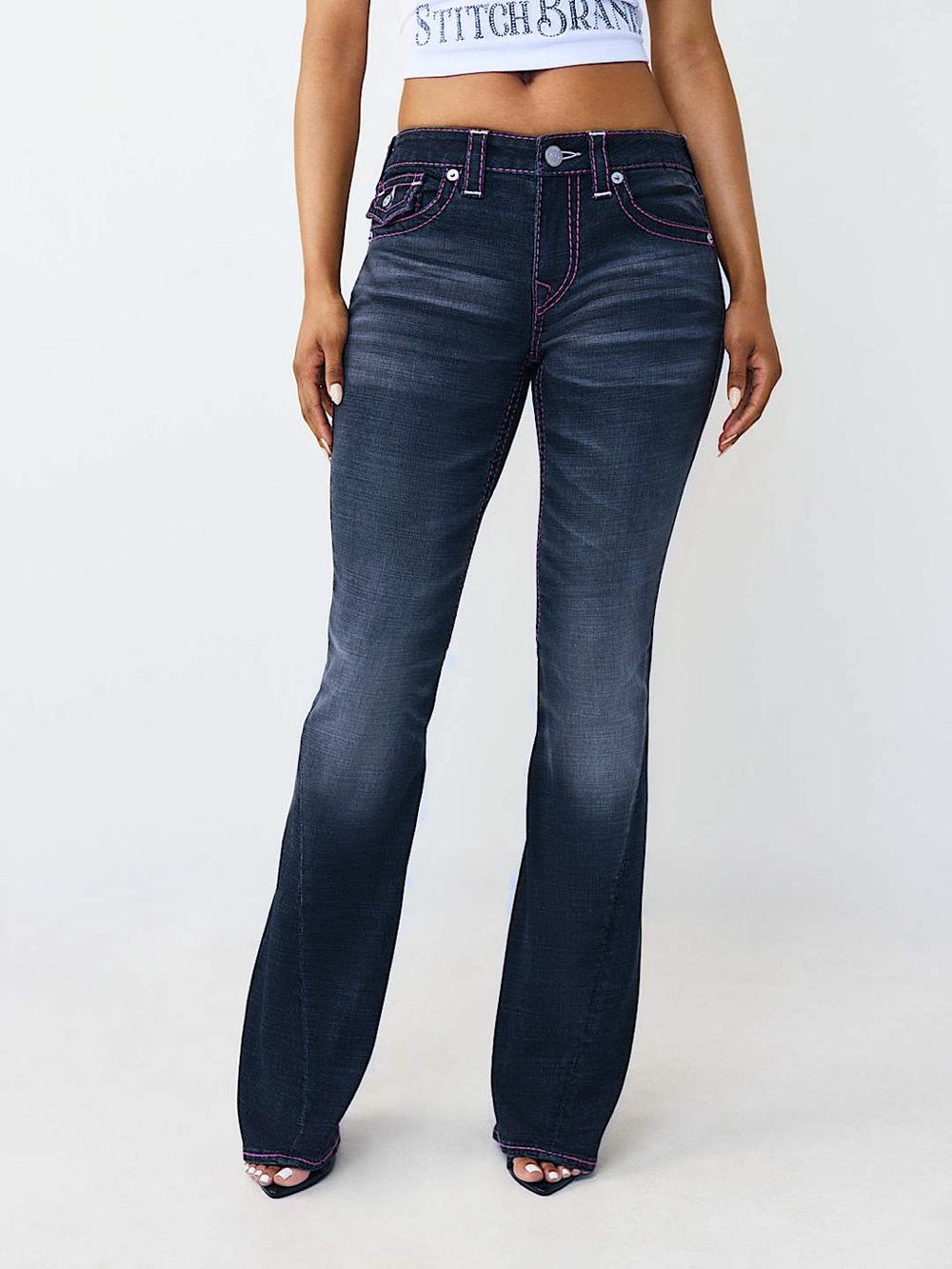 True Religion Joey Dark Wash Pink Stitching Mid Rise Flap Flare Jean Size 32